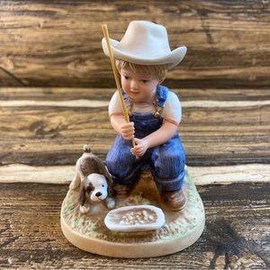 Homco Denim Days boy fishing with a puppy